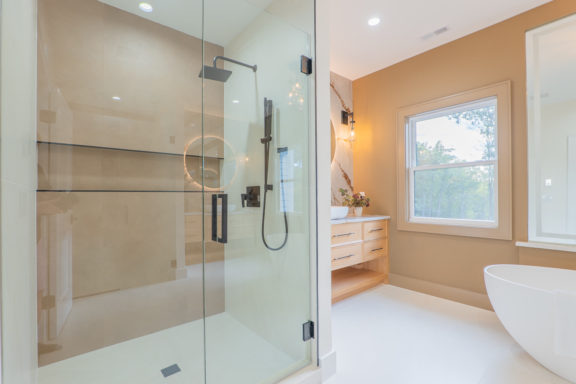 Primary bath glass shower with rainfall head