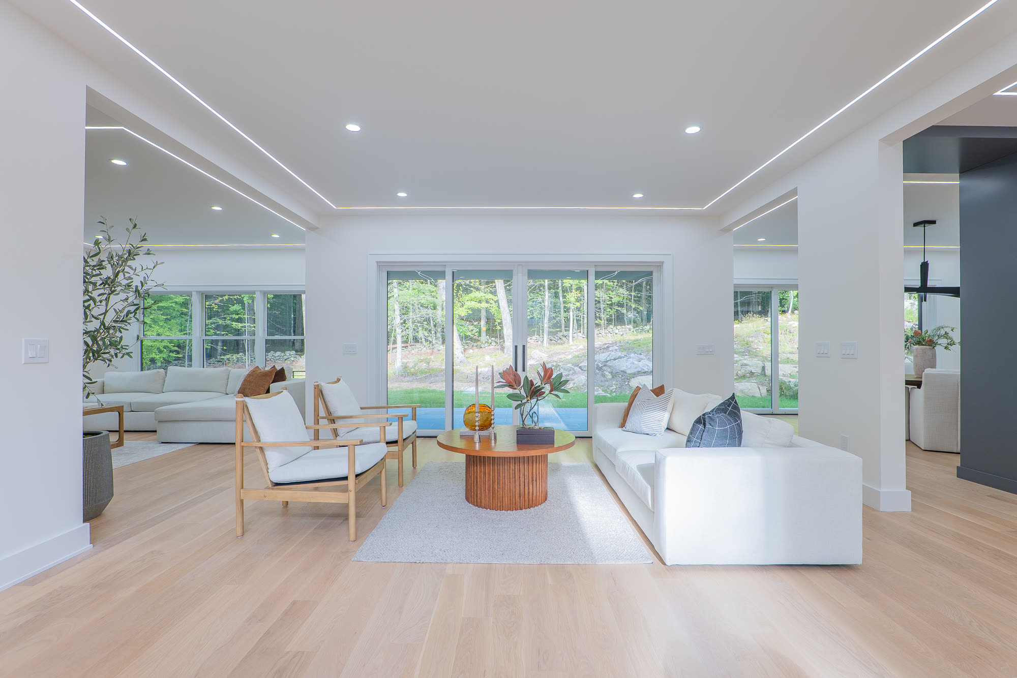 Great room with walls of glass to the rear yard