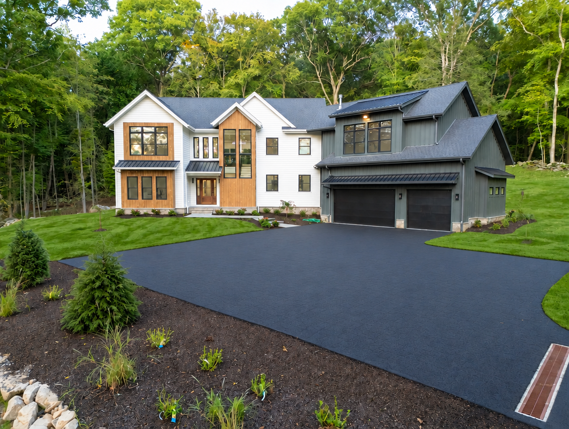 Front aerial view of 108 Old Farm Rd with wide paved motor court and three-car garage